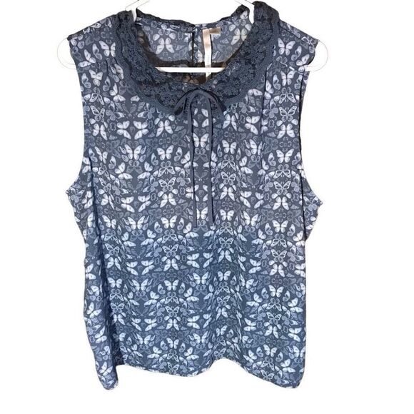 Lauren Conrad Top Blouse sleeveless lace collar Size XL ties butterfly print - Picture 1 of 6